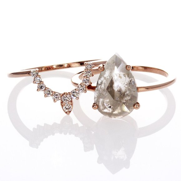 Pear Shape Diamond Crown Engagement Ring Set Fancy Gray 1.95 TCW 14K Rose Gold - Picture 4 of 7